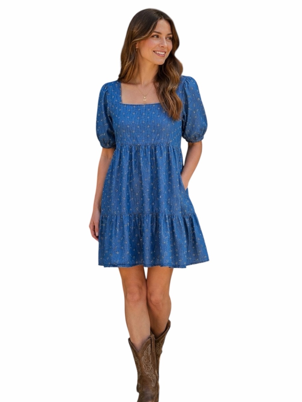 Copper Key Small Denim Cottage Prairie Boho Square Beck Dress 100% Cotton